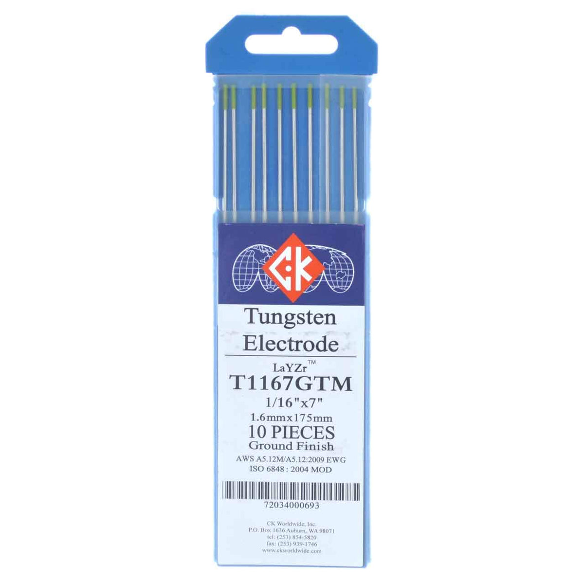 CK Worldwide T1167GTM chartreuse electrode close-up for precise low-amperage starts.