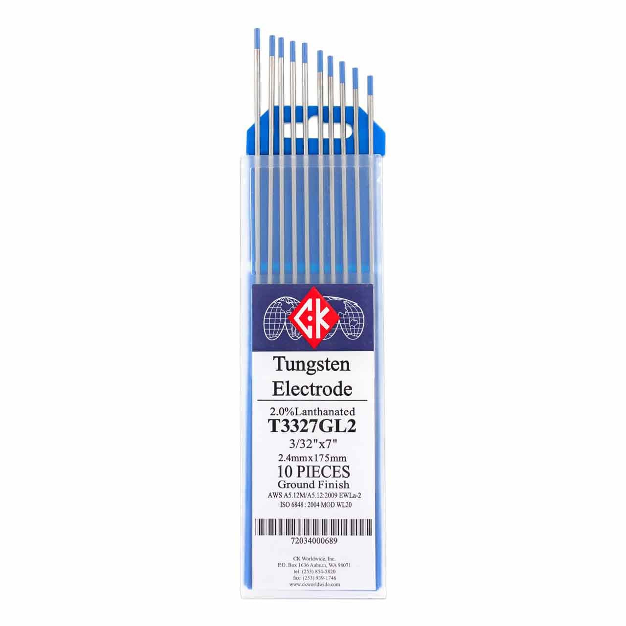 CK Worldwide T3327GL2 2% lanthanated tungsten electrode with smooth arc starts for AC/DC welding.