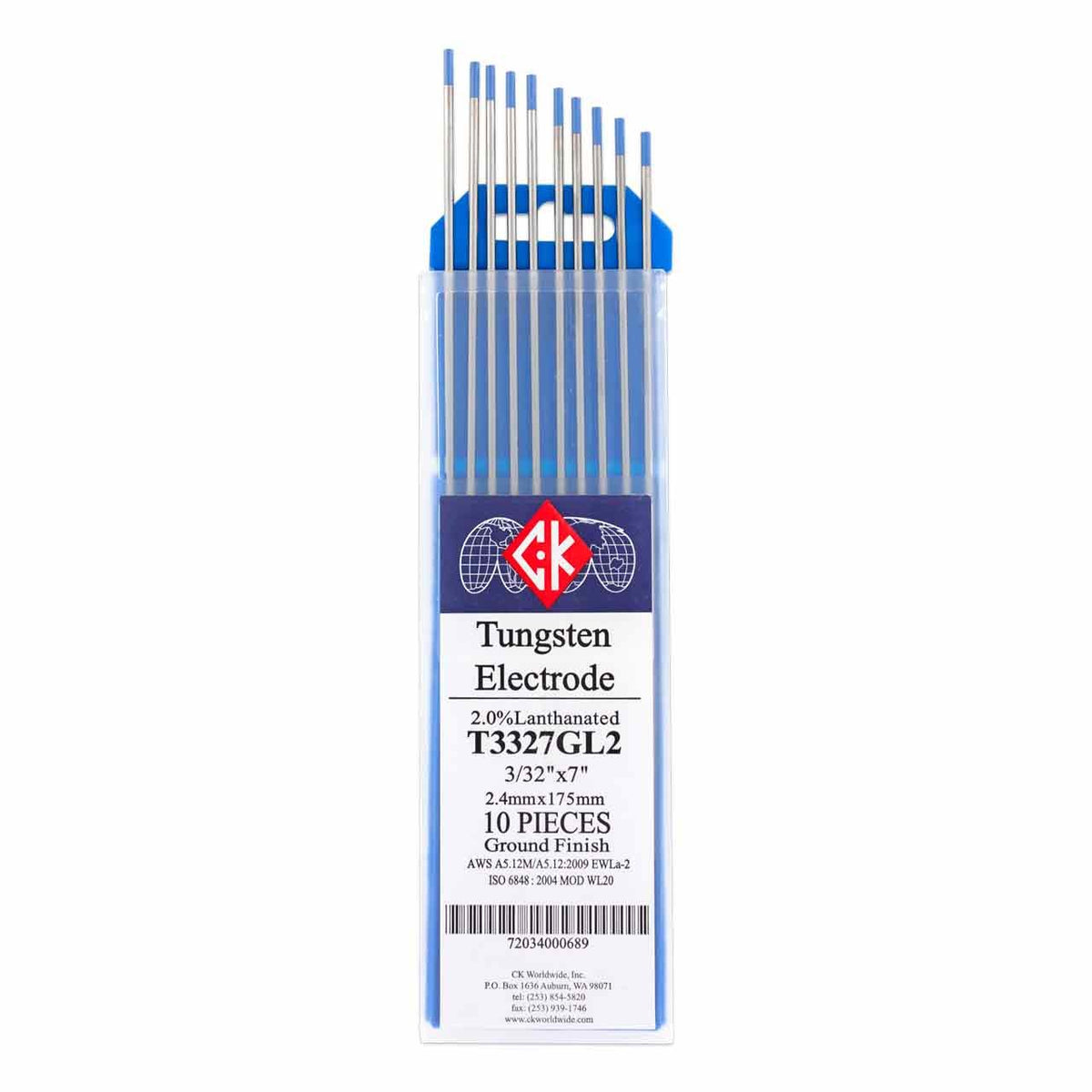 CK Worldwide T3327GL2 2% lanthanated tungsten electrode with smooth arc starts for AC/DC welding.