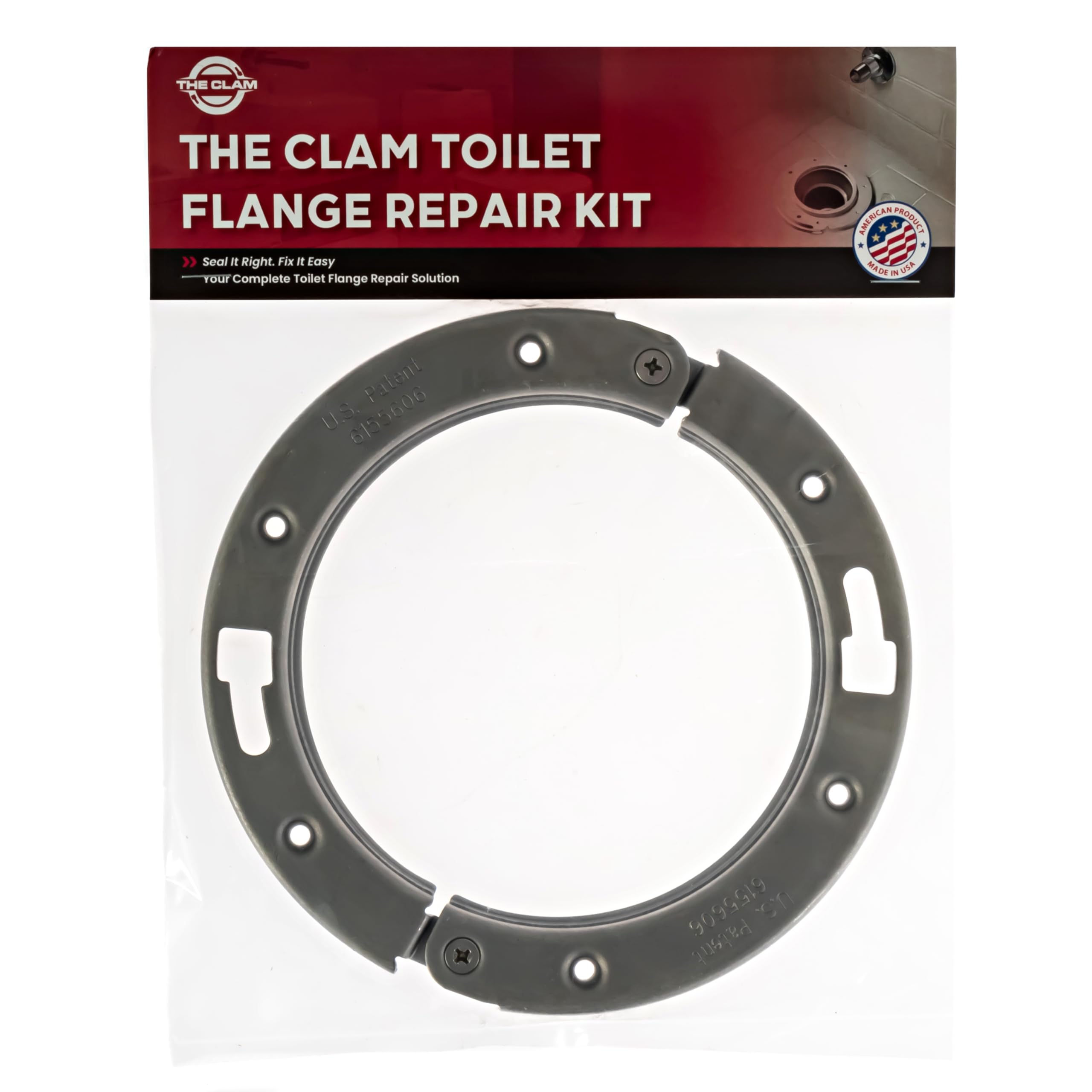 CLAM flange repair ring shows bolt compatibility for common toilets.