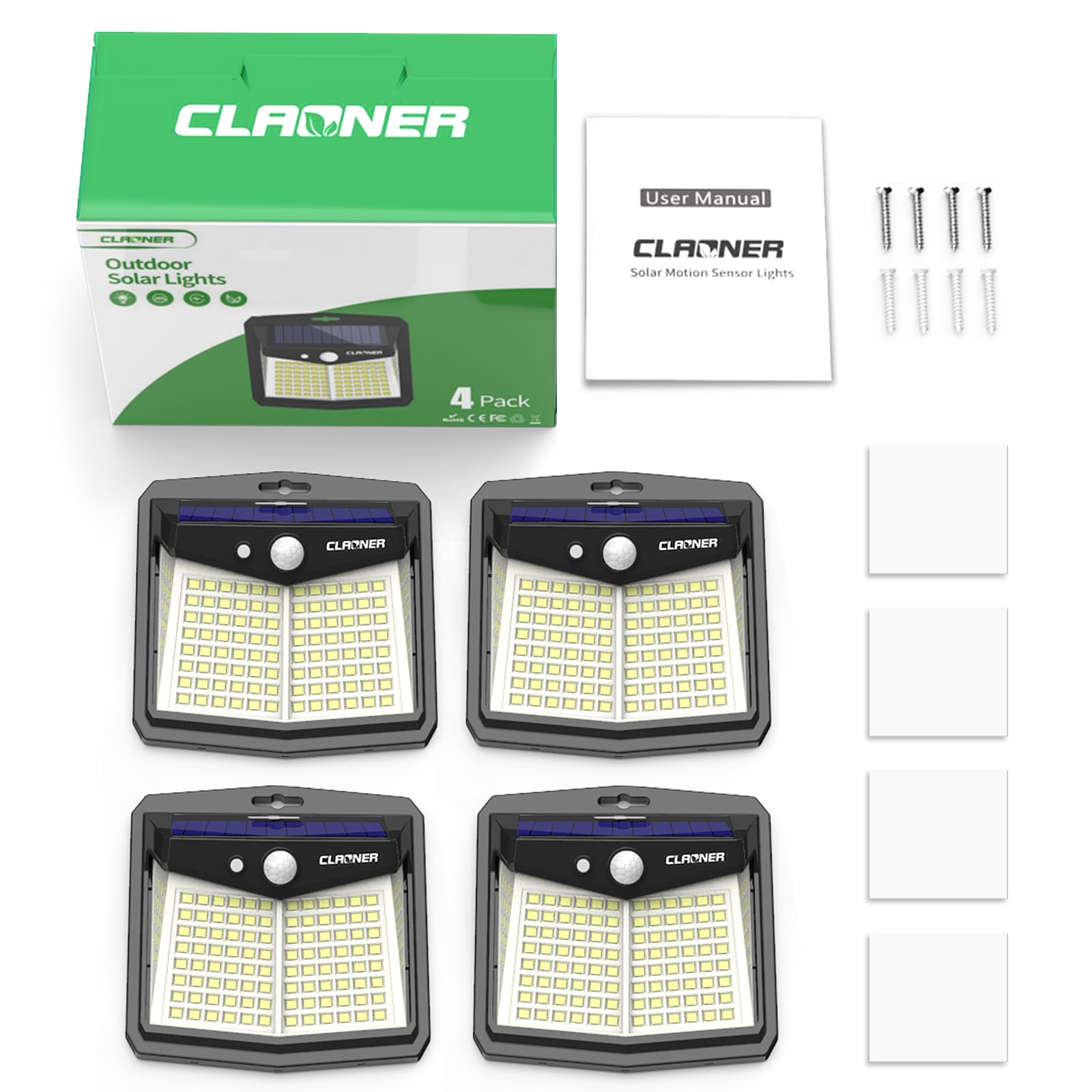 CLAONER four-pack outdoor solar lights for fences and patios.
