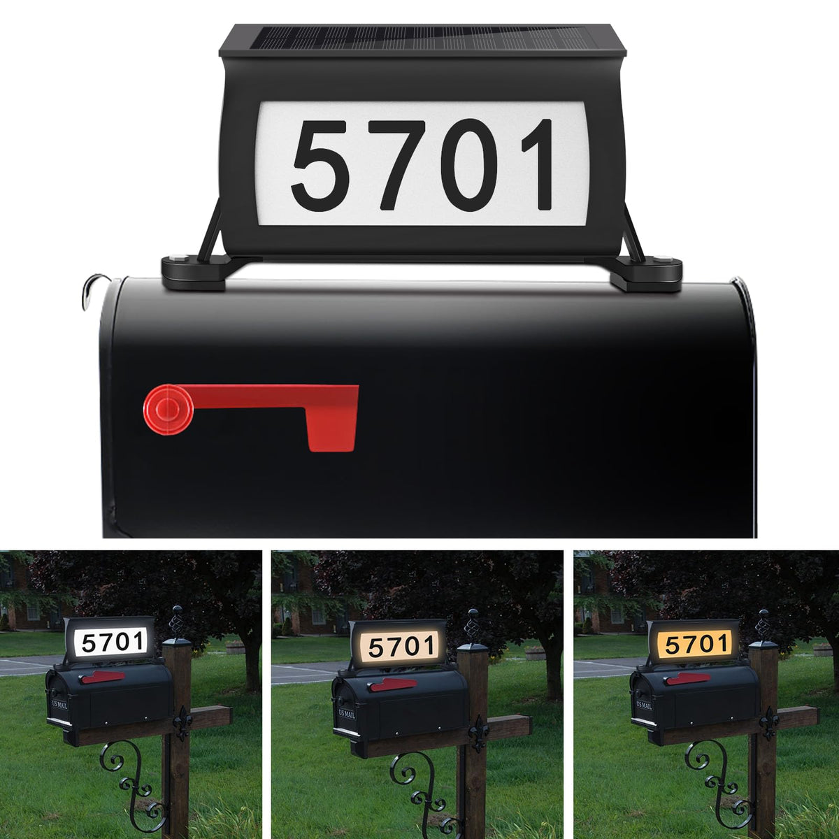 CLAONER solar address sign topper lit at night for clear outdoor visibility