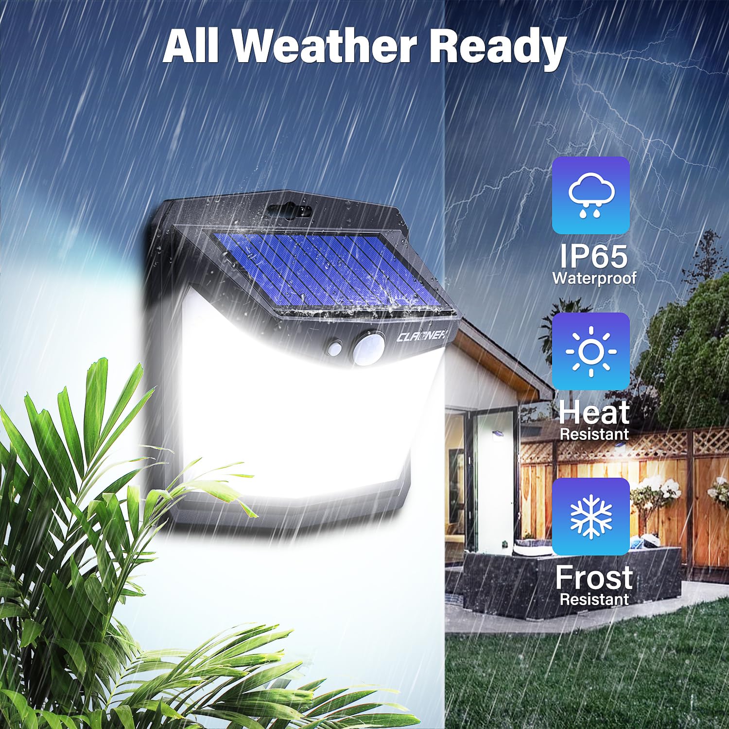 CLAONER outdoor solar lights IP65; durable weatherproof security lighting