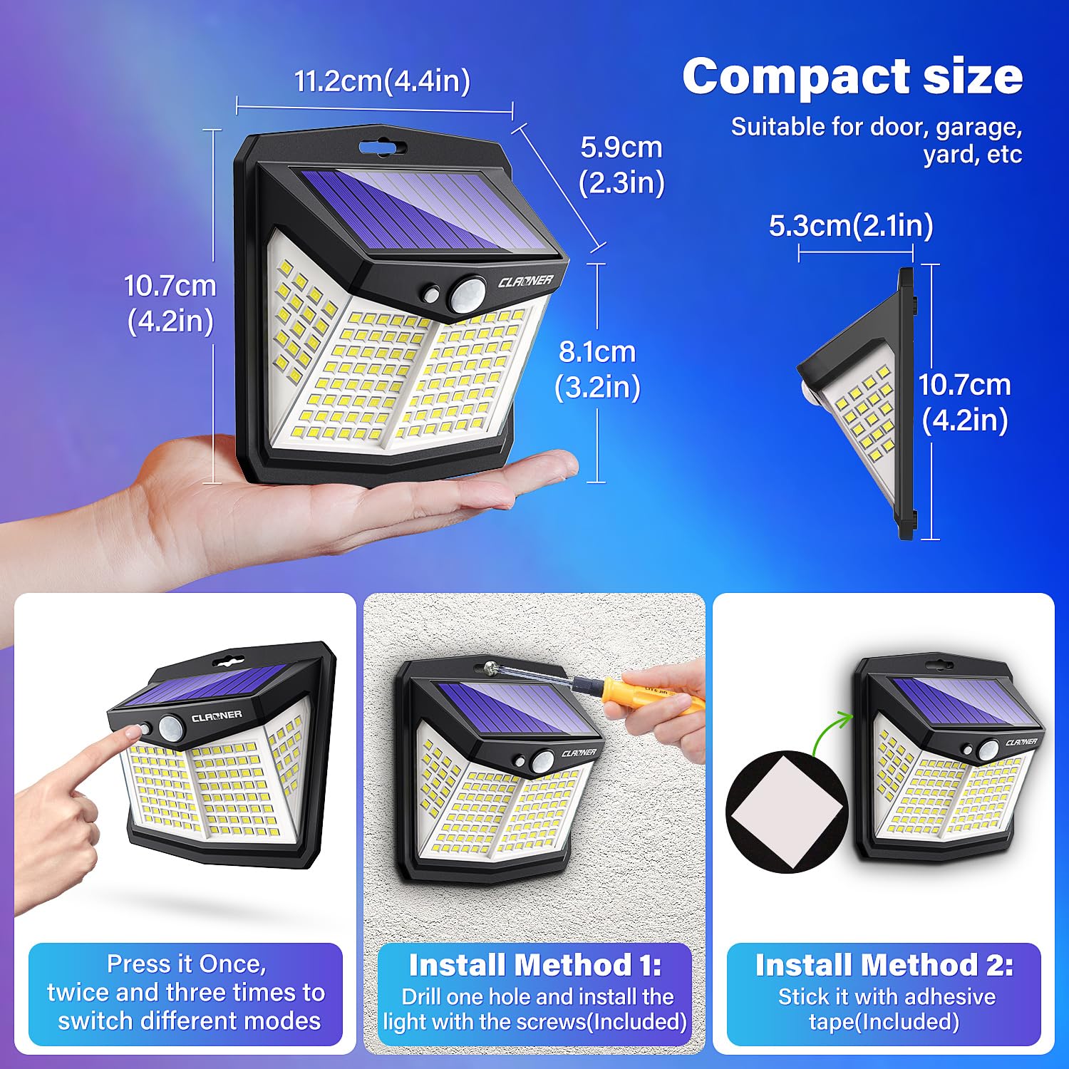 CLAONER outdoor solar lights wall mount; quick install with screws or tape