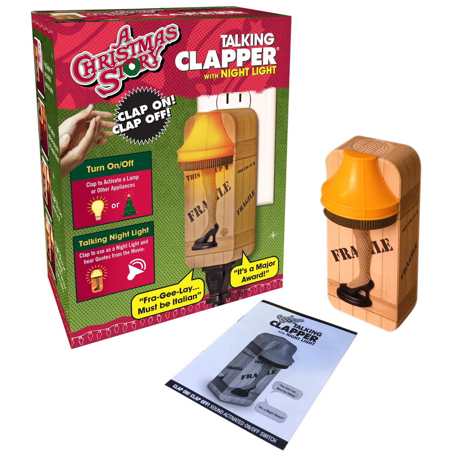 Clapper Christmas Story Leg Lamp packaging shows simple plug-in setup.