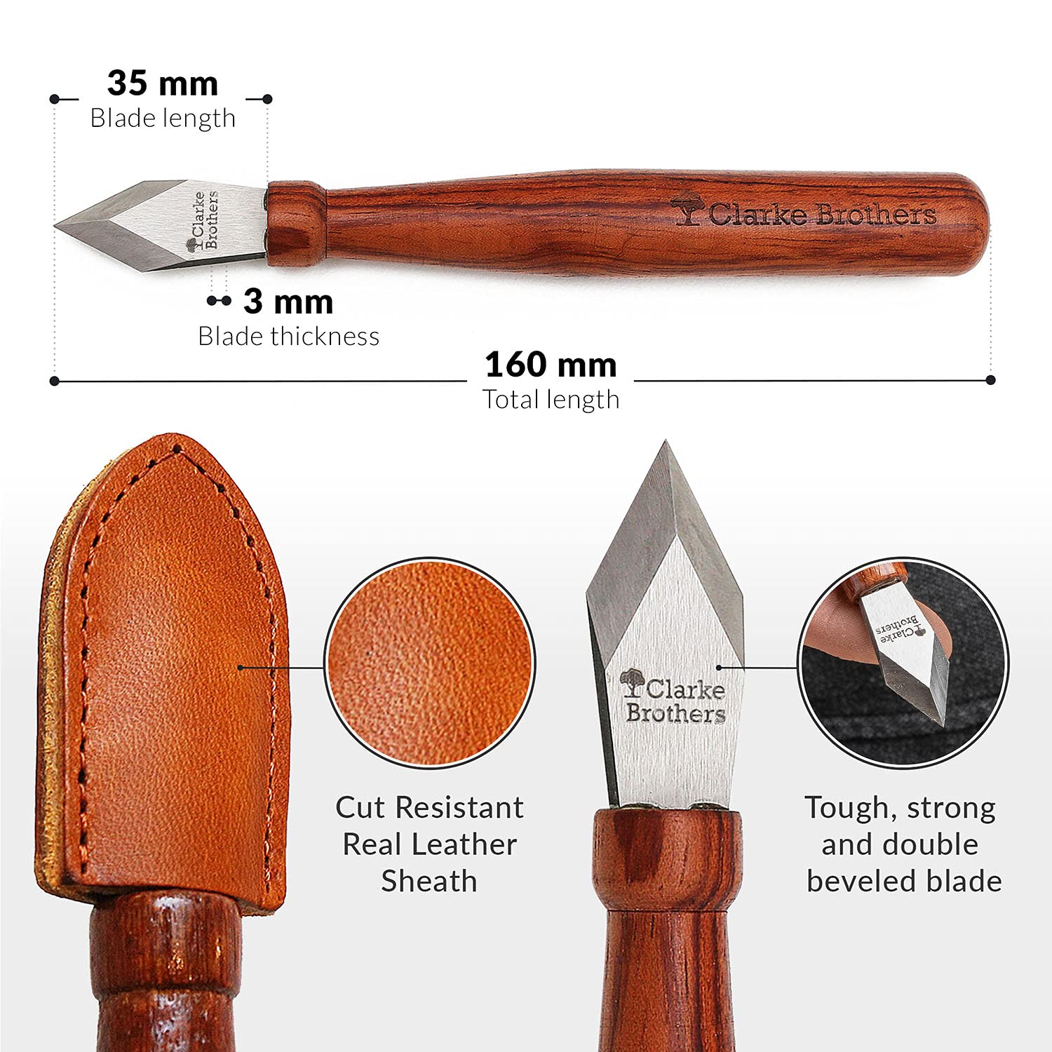 Clarke Brothers marking knife Padauk handle highlighting comfortable grip.