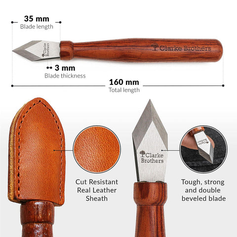 Clarke Brothers marking knife Padauk handle highlighting comfortable grip.