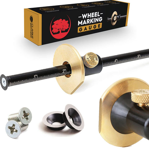 Clarke Brothers wheel marking gauge closeup highlighting precise wheel and clear graduations.