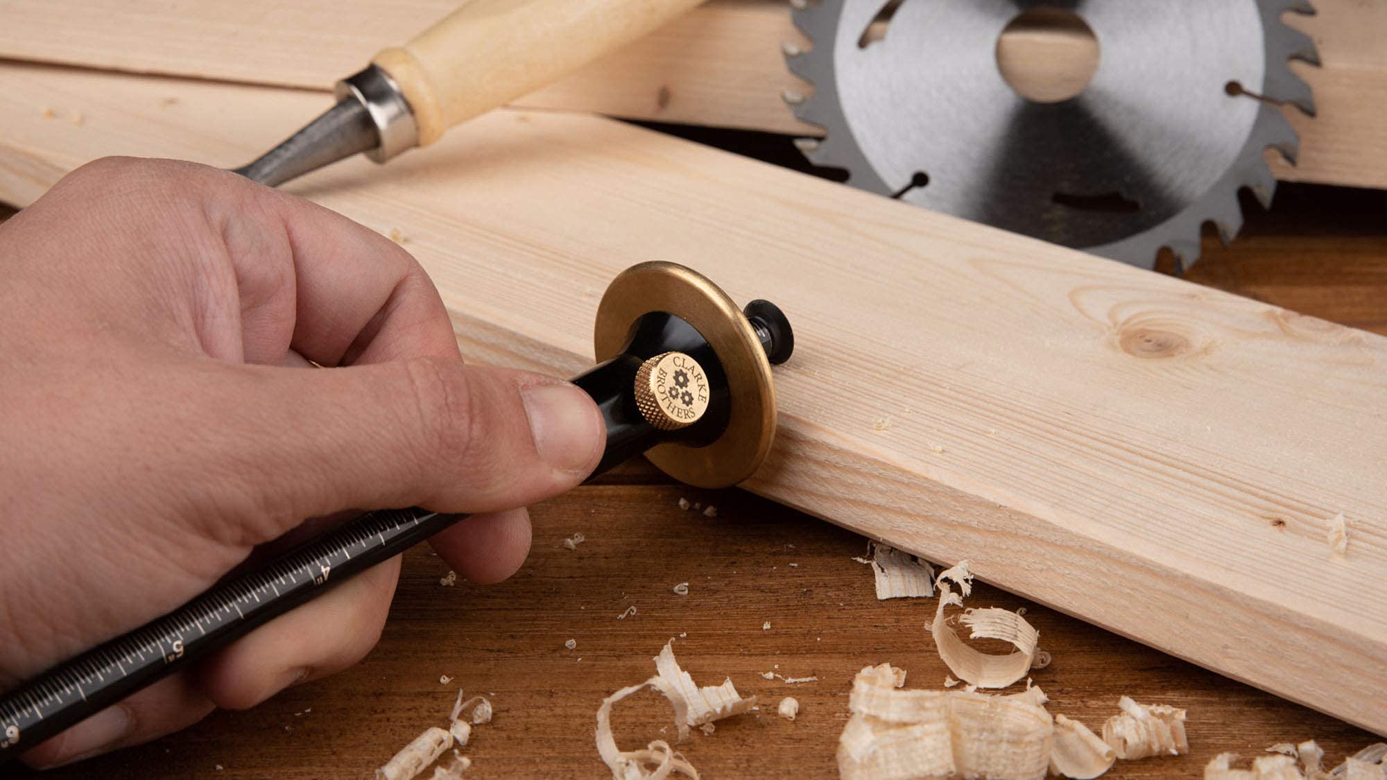 Clarke Brothers wheel marking gauge in one-handed operation for efficient use.