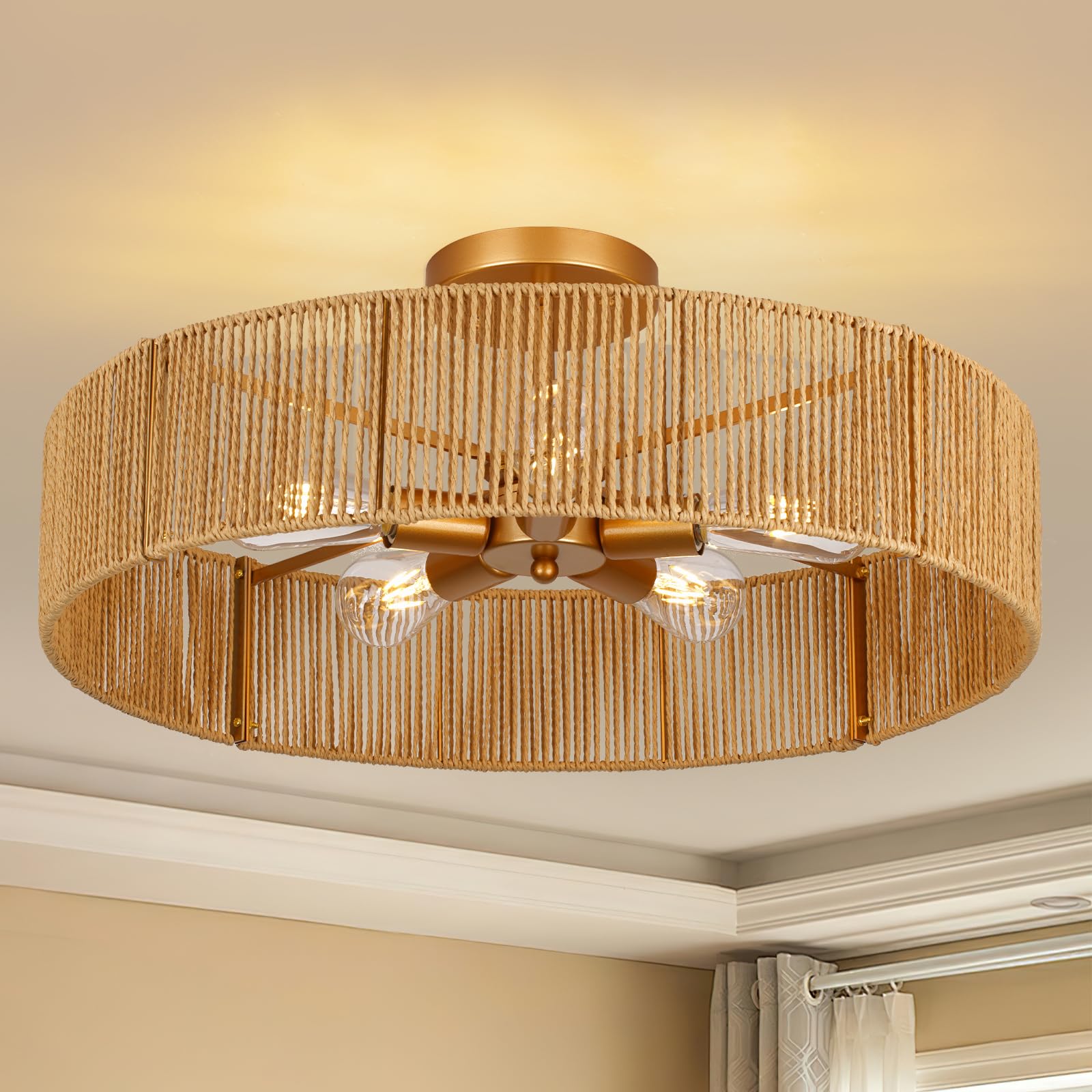CLARSYNE 24in natural rattan flush mount entryway with warm ambient glow