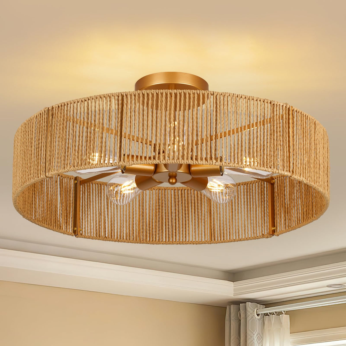 CLARSYNE 24in natural rattan flush mount entryway with warm ambient glow