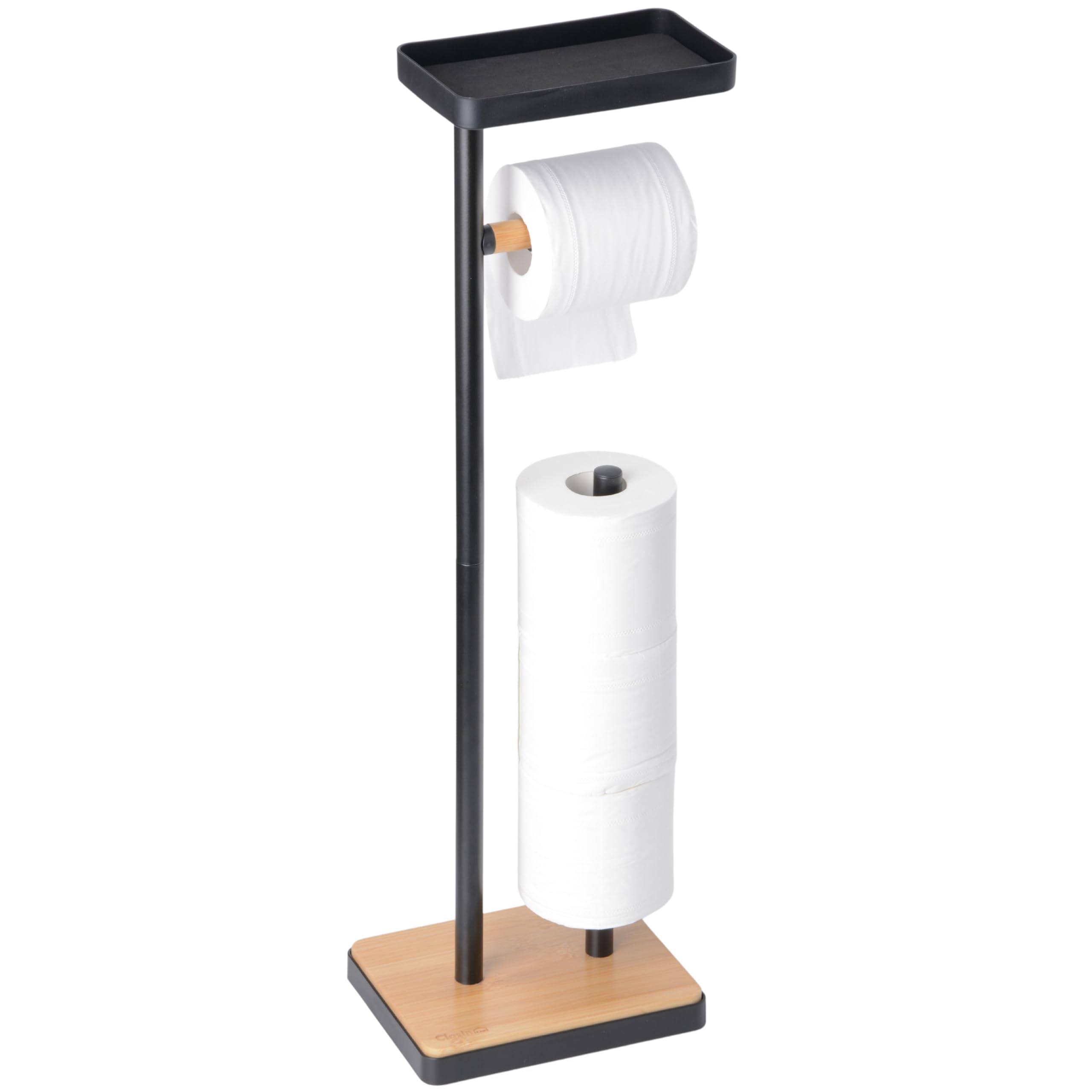 Clasin Home toilet paper holder stand shown in full view with storage and top shelf