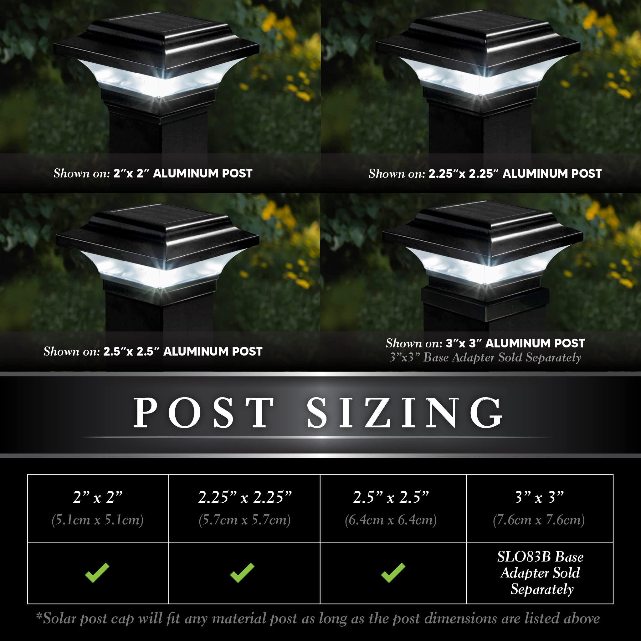 Imperial Solar Post Cap with 2-25x2-25 adapter compatibility shown