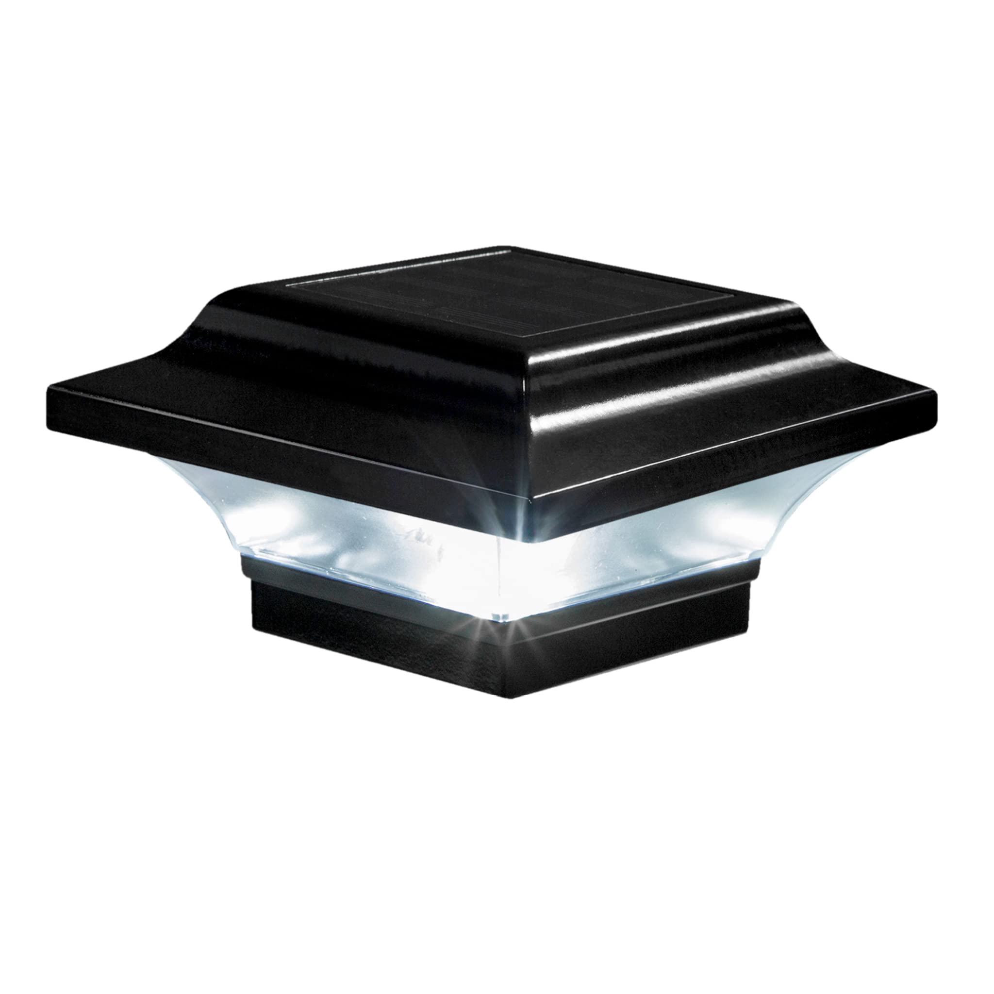 Classy Caps Imperial Solar Post Cap on a black post for stylish outdoor lighting