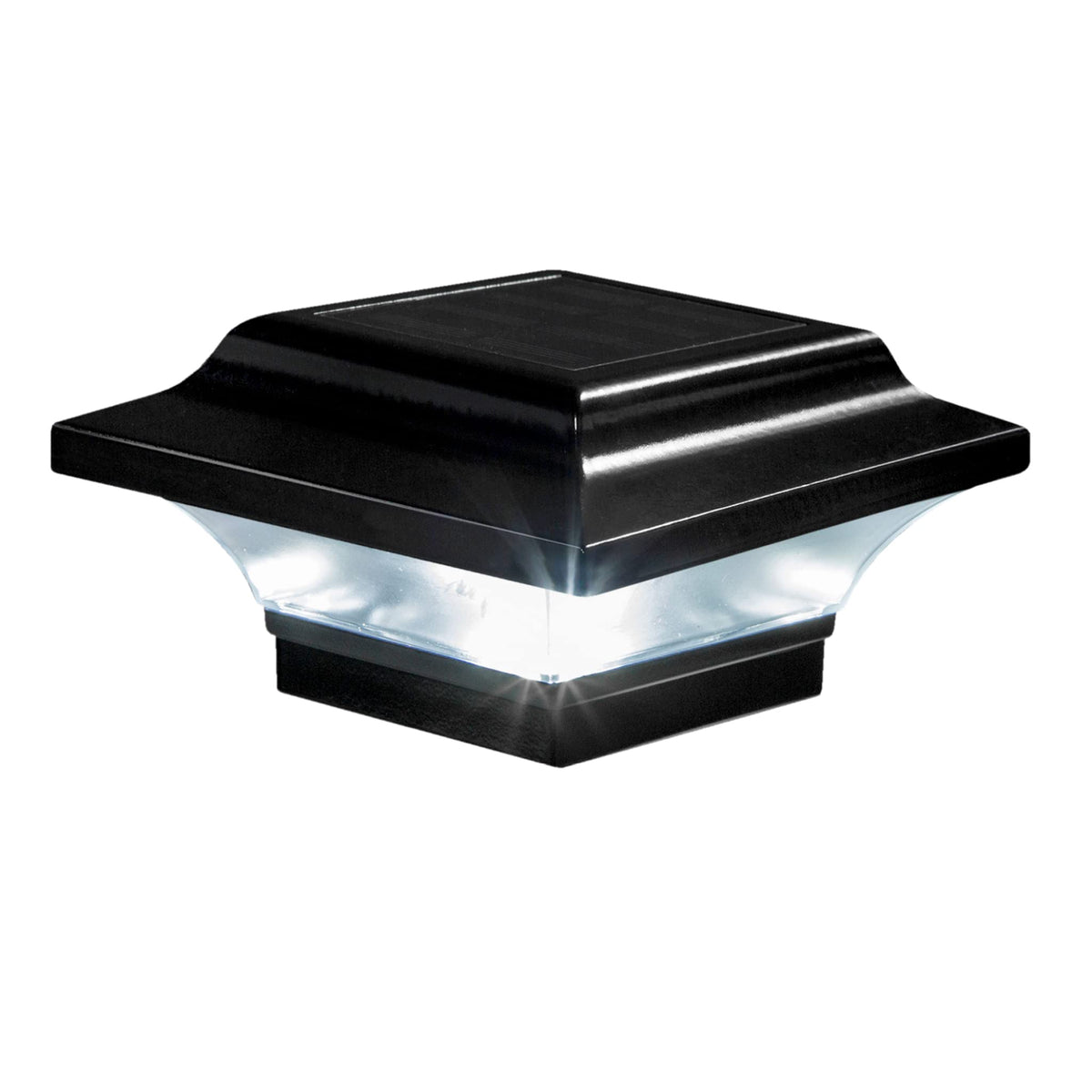Classy Caps Imperial Solar Post Cap on a black post for stylish outdoor lighting