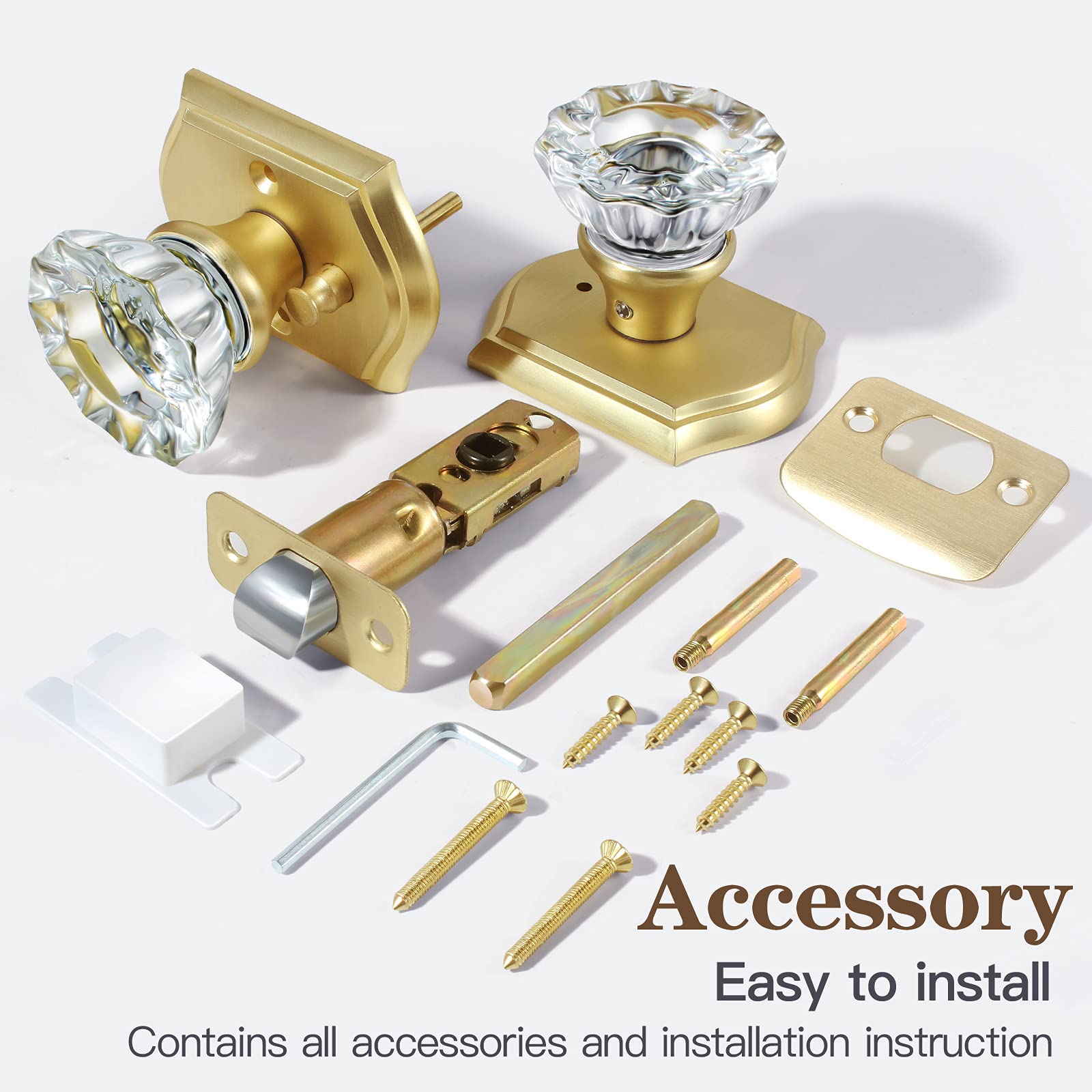 CLCTK crystal glass knob with satin brass finish for modern decor.