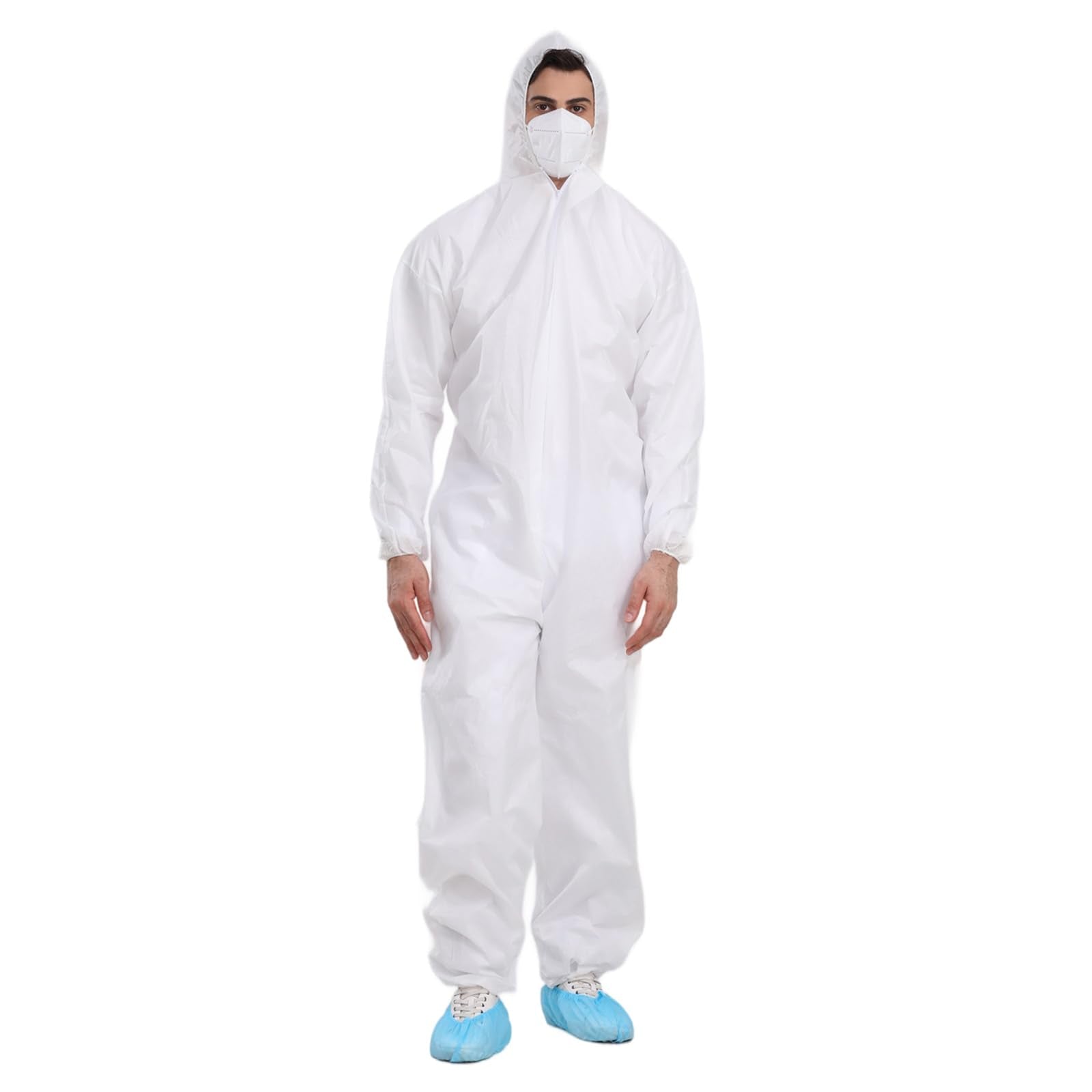 Cleaing pack of 3 disposable paint suits with hood and elastic wrists for versatile protection.