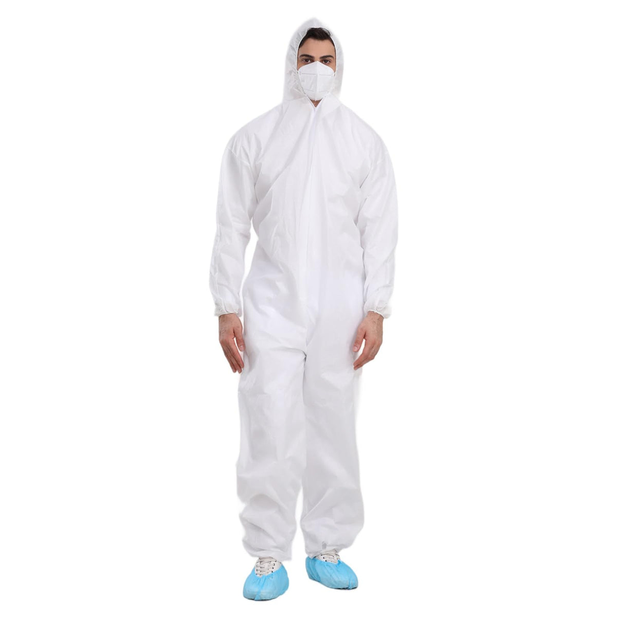Cleaing pack of 3 disposable paint suits with hood and elastic wrists for versatile protection.