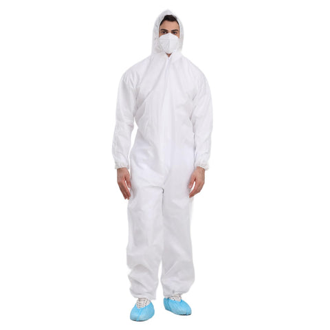 Cleaing pack of 3 disposable paint suits with hood and elastic wrists for versatile protection.