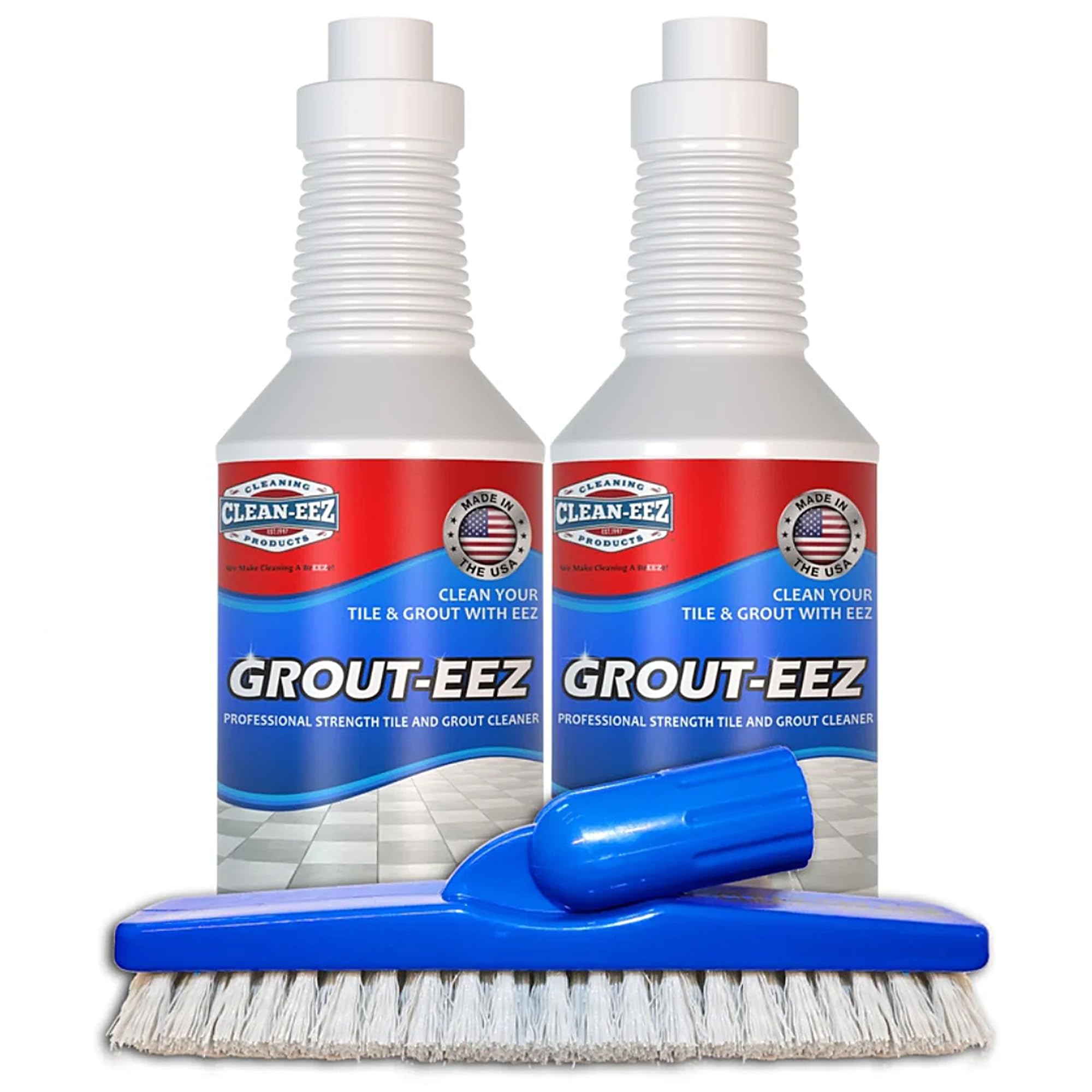 Clean-eez Grout Cleaner bottle with stand-up brush aids tile cleaning in showers