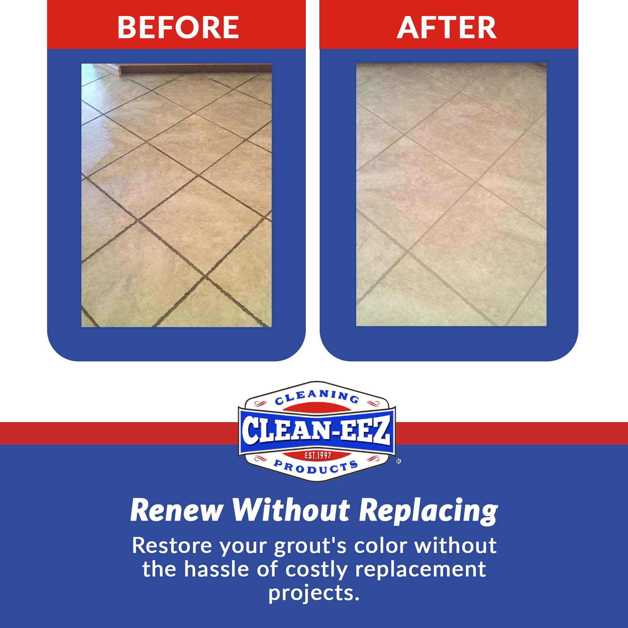 Bathroom shower grout cleaned with Clean-eez Grout-eez on ceramic surfaces