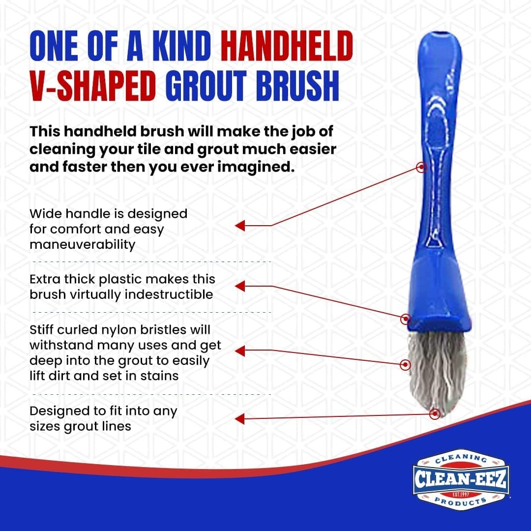 V-shaped bristles of Clean-eez Grout-eez brush reach deep grout details