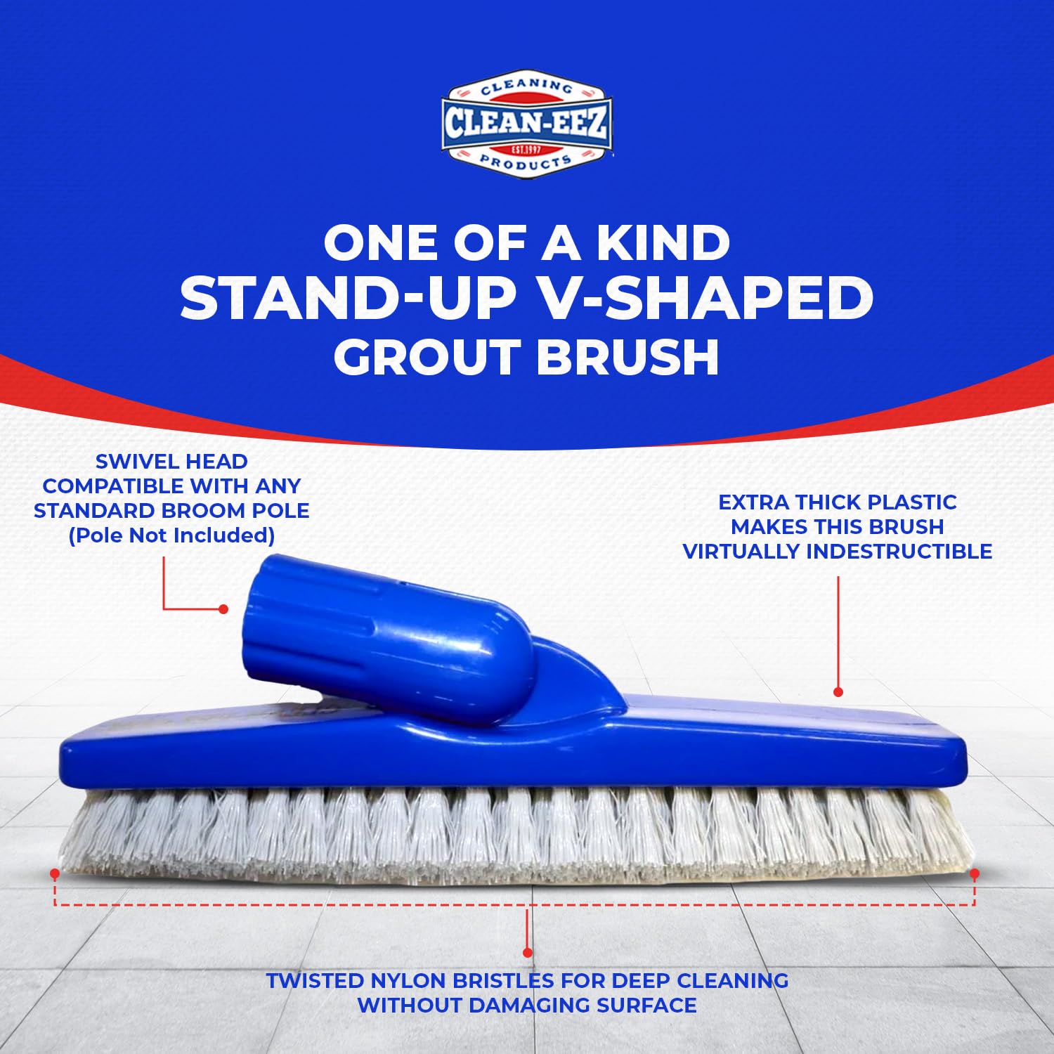 Clean-eez Grout-eez stand-up brush in use minimizes bending