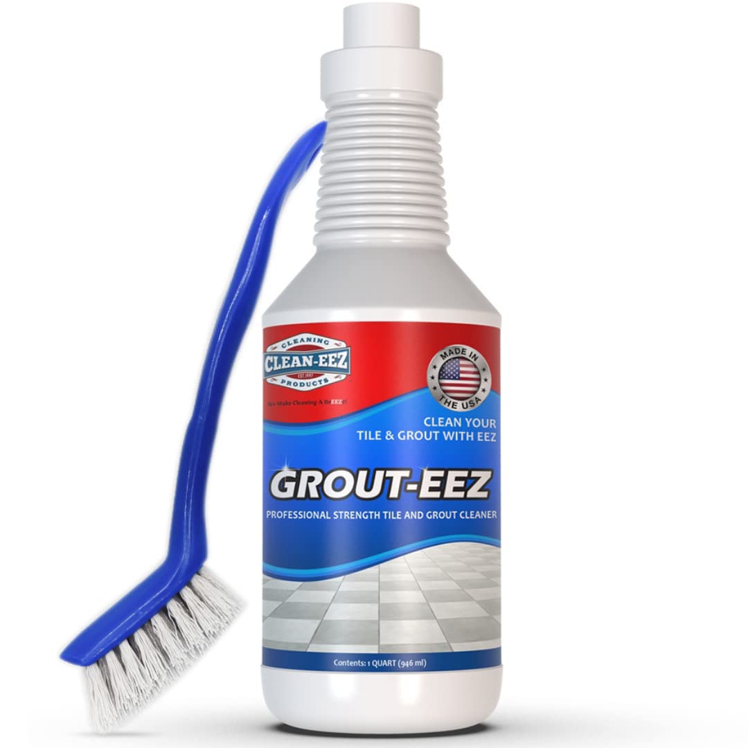 Clean-eez Grout-eez bottle applying cleaner to ceramic tiles for deep cleaning
