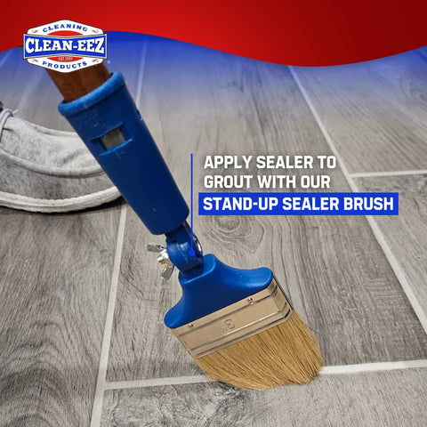 Clean-eez stand-up grout brush with curled bristles for deep grout cleaning.