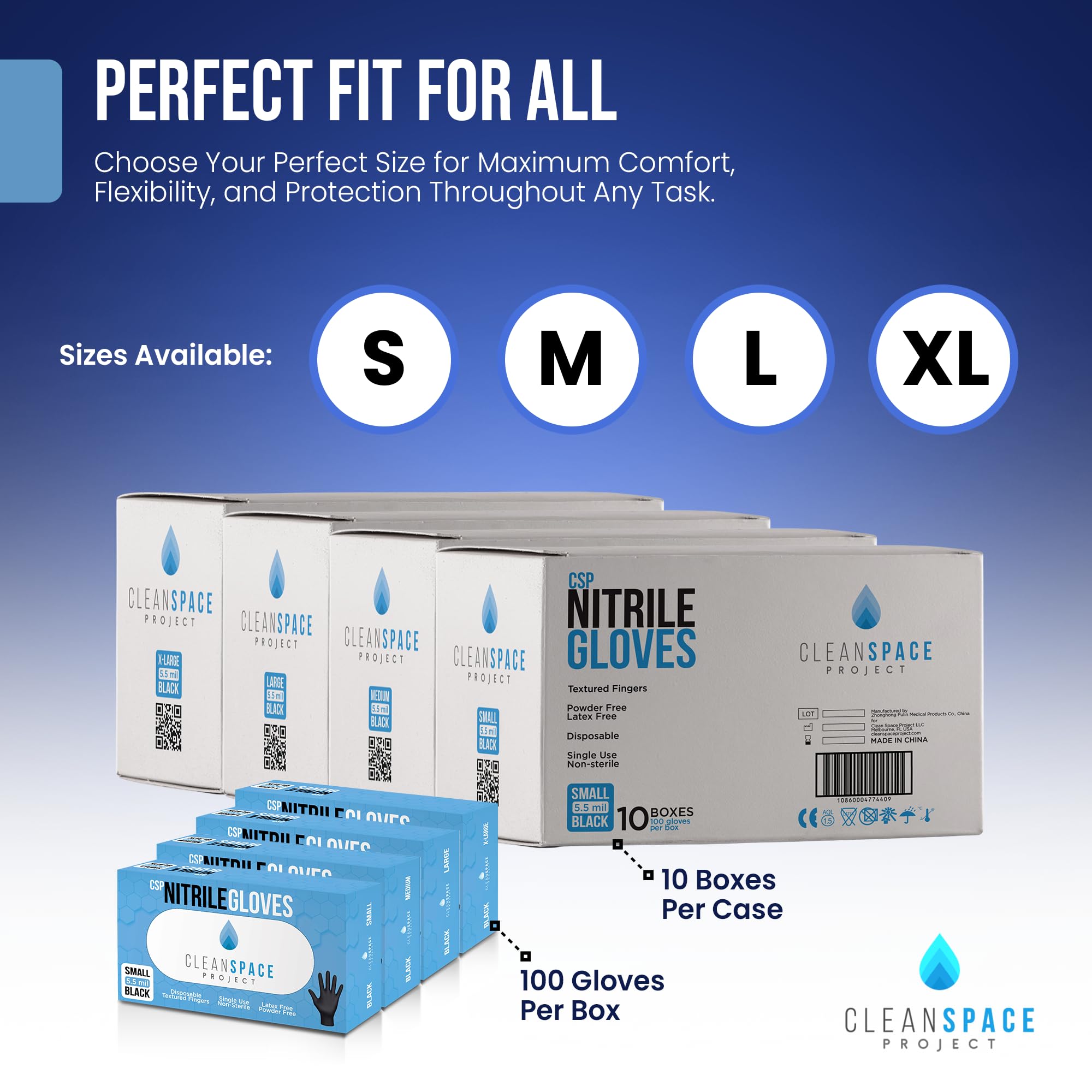 Clean Space Project Black Nitrile Gloves latex-free sign emphasizes skin-friendly use