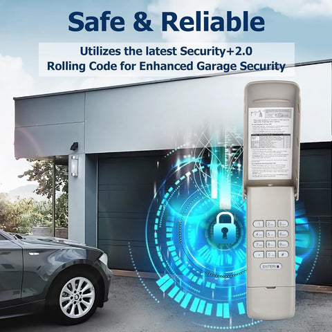 Cleantt keypad features Security+ 2.0 rolling code to reduce interference and enhance security.