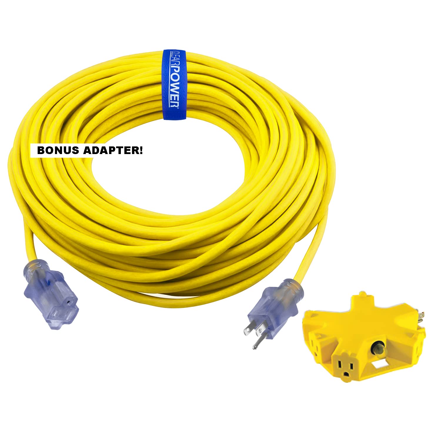 Clear Power 100 ft extension cord provides extended reach for outdoor job sites.
