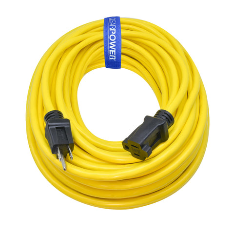 Clear Power 100ft extension cord in yellow, outdoors-ready for visibility and safety.