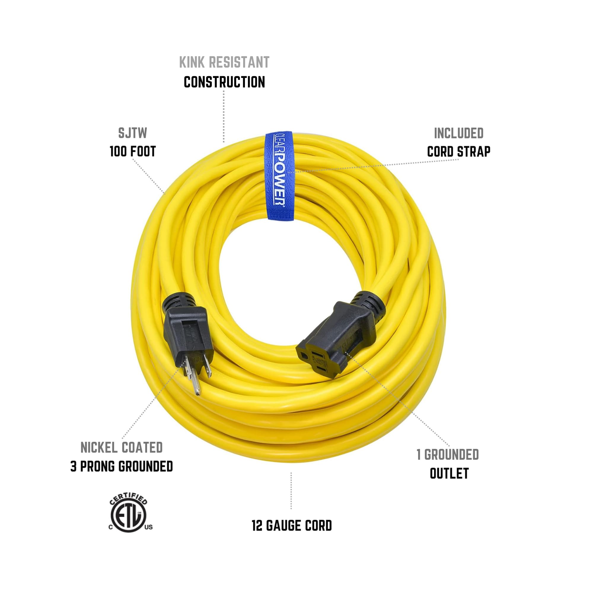 Clear Power grounded 3-prong plug for secure outdoor connections.