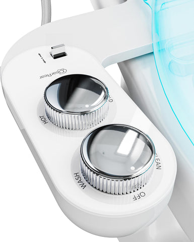 CLEAR REAR bidet attachment on an elongated toilet seat with a slim under-seat profile.