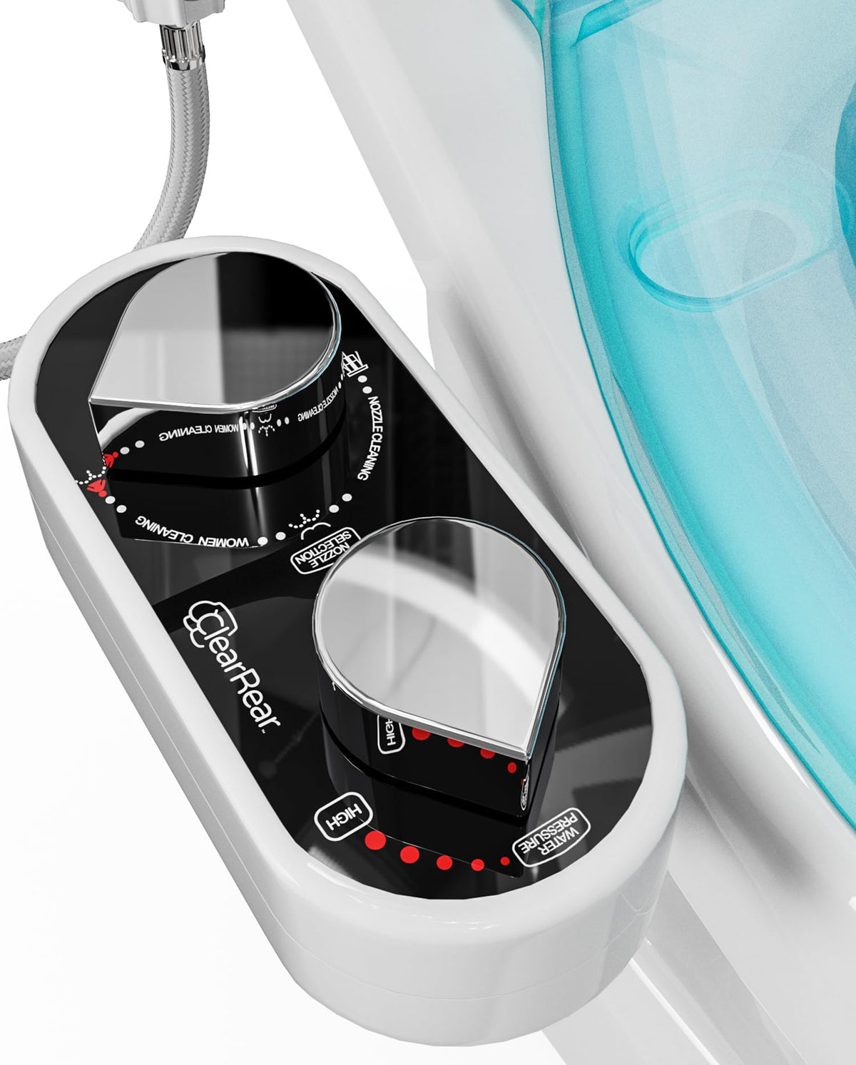 CLEAR REAR bidet attachment on an elongated toilet for an easy upgrade