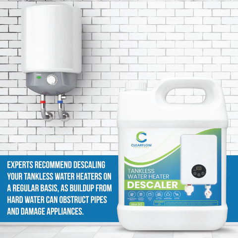 Clearflow Solutions descaler instructions label highlighting compatibility with PVC, rubber, ABS, and metals