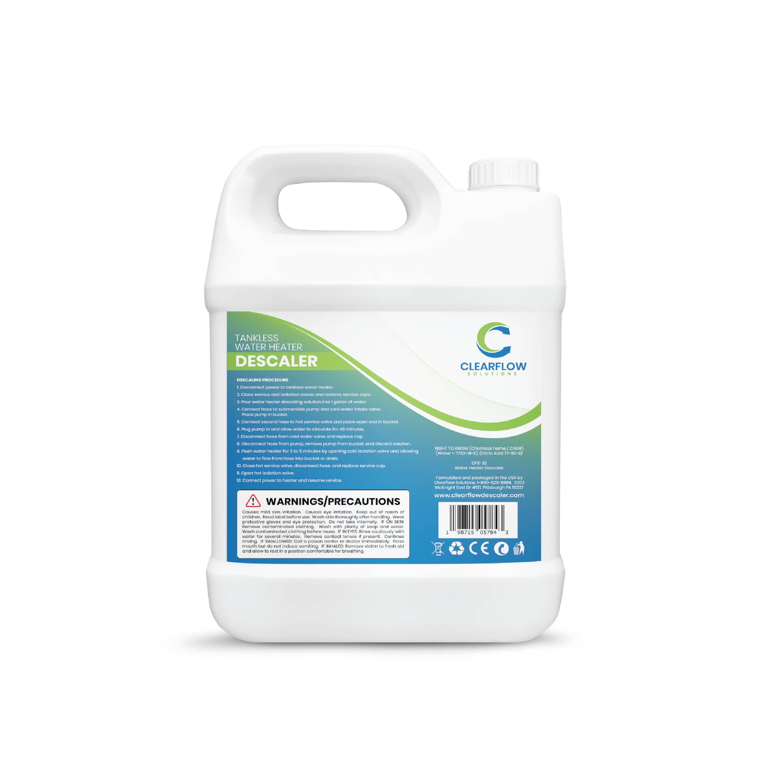 Clearflow Solutions label close-up emphasizes safe usage and non-aluminum recommendation