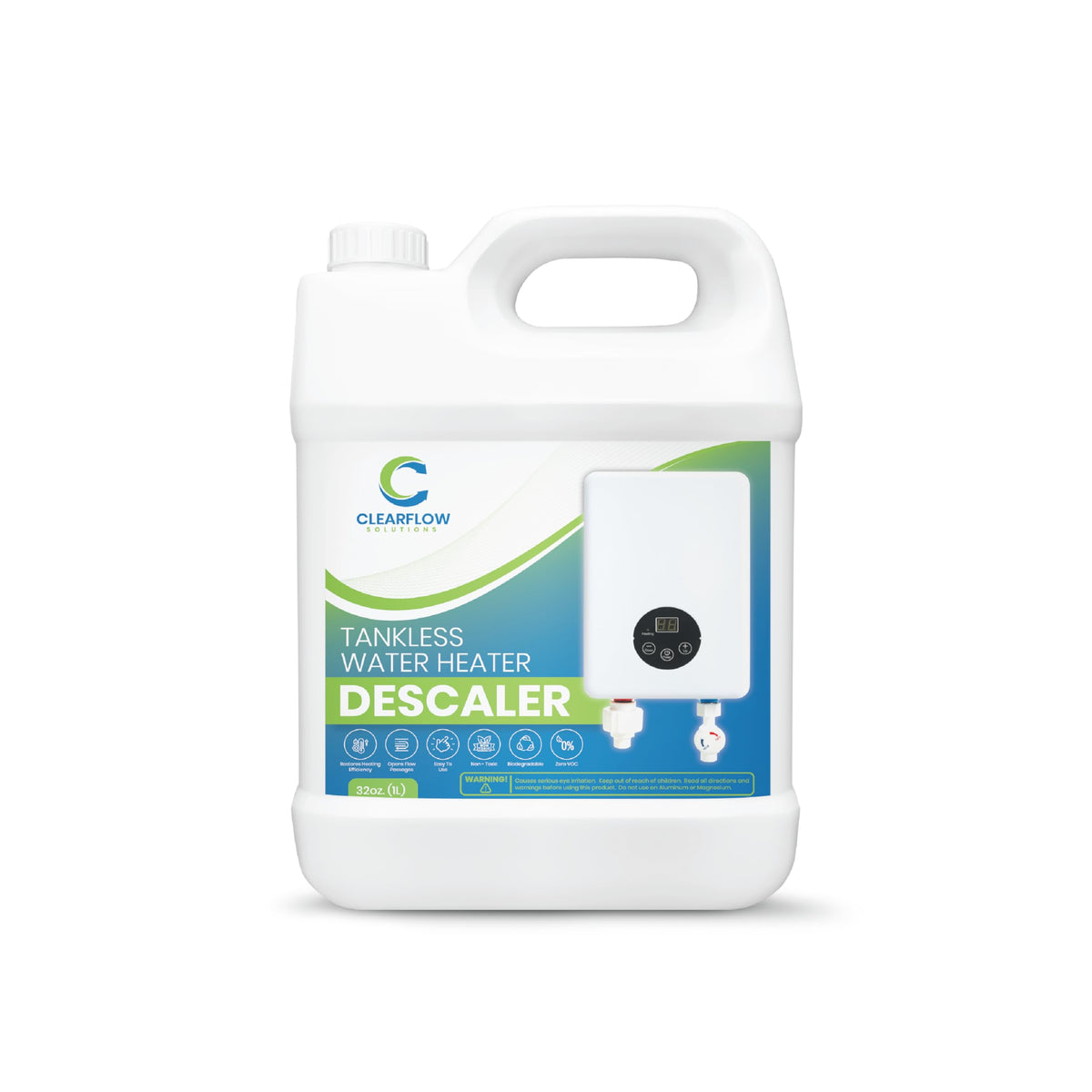 Clearflow Solutions tankless descaler bottle front view, showcasing non-toxic, biodegradable formula for regular maintenance