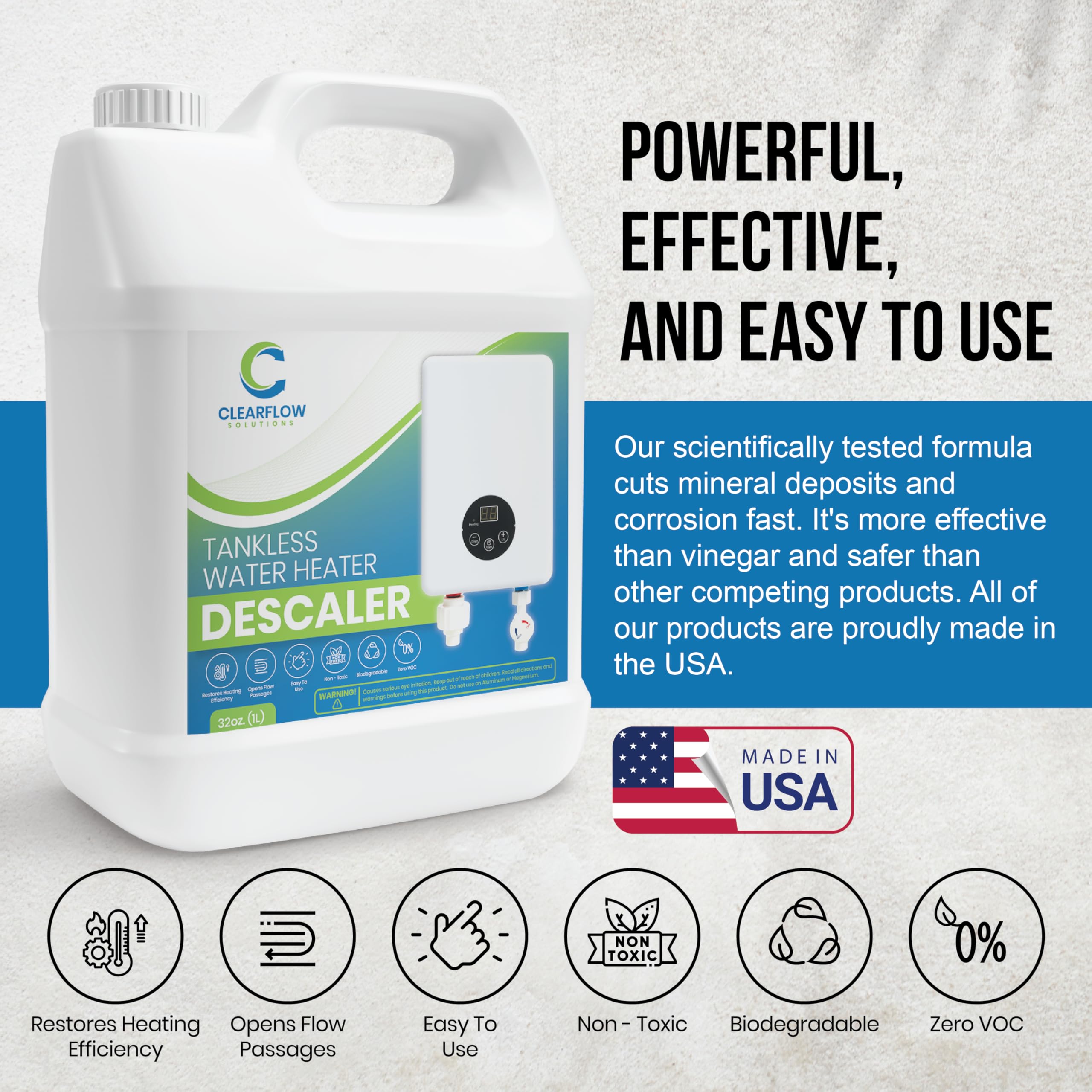 Clearflow Solutions descaler being poured from the bottle, illustrating easy application