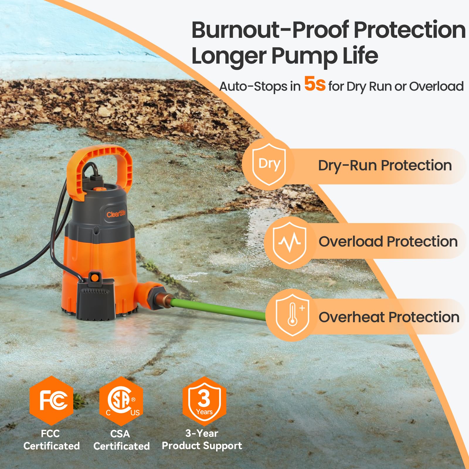 Cleartide sump pump with 10 ft cord and adapters.
