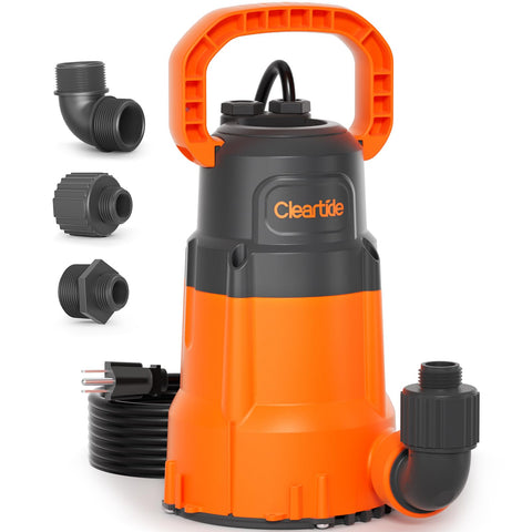 Cleartide submersible sump pump front view with compact design for tight spaces.