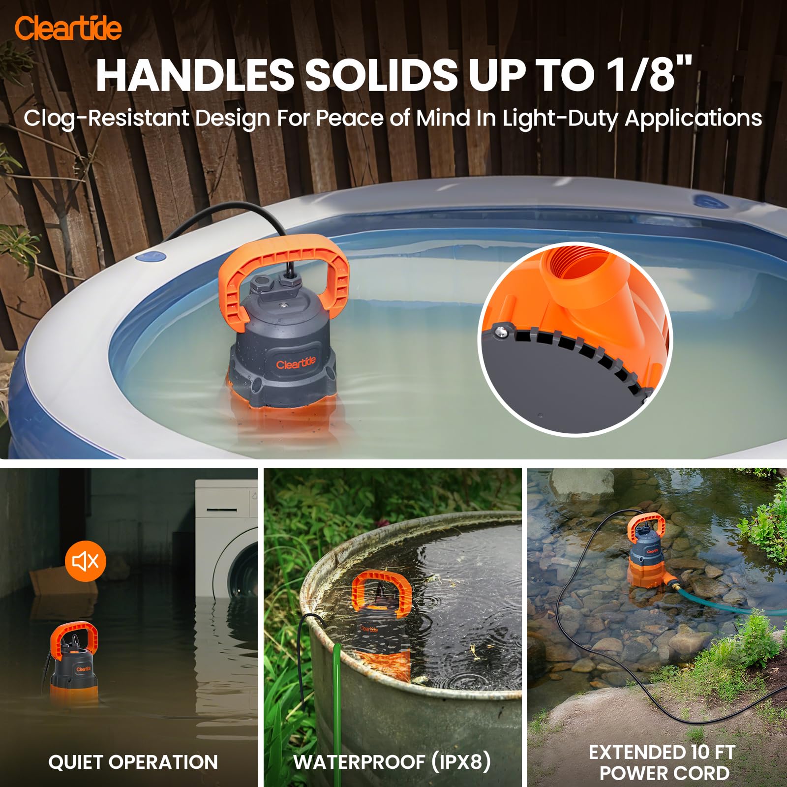 Cleartide submersible sump pump hose connections for quick drainage setup.