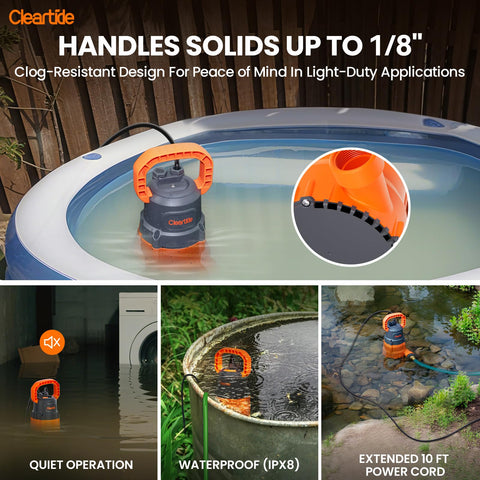 Cleartide submersible sump pump hose connections for quick drainage setup.