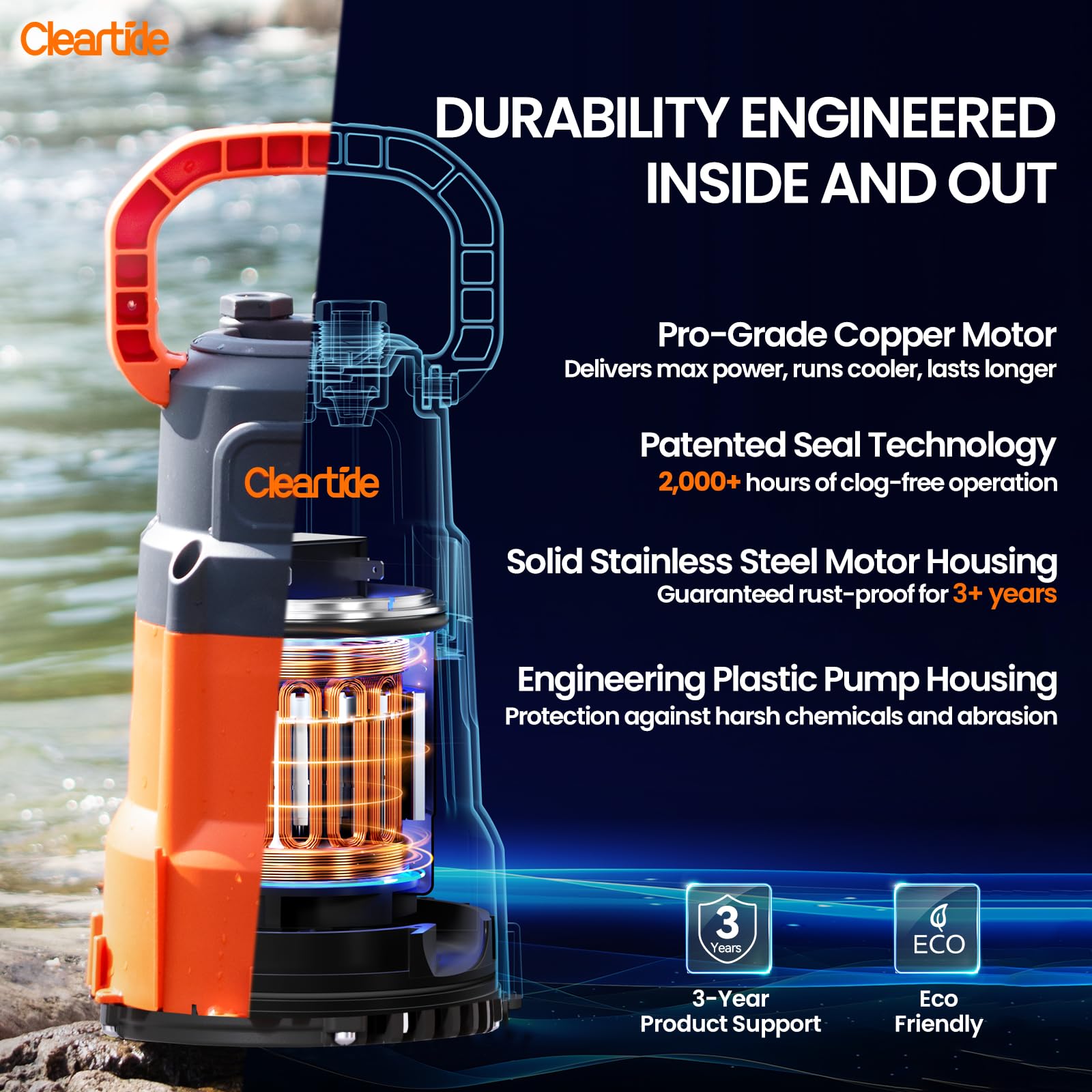 Cleartide sump pump in operation demonstrating high flow capability.