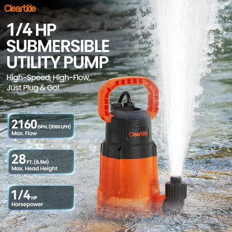 Cleartide sump pump rear view featuring versatile discharge ports for hookups.