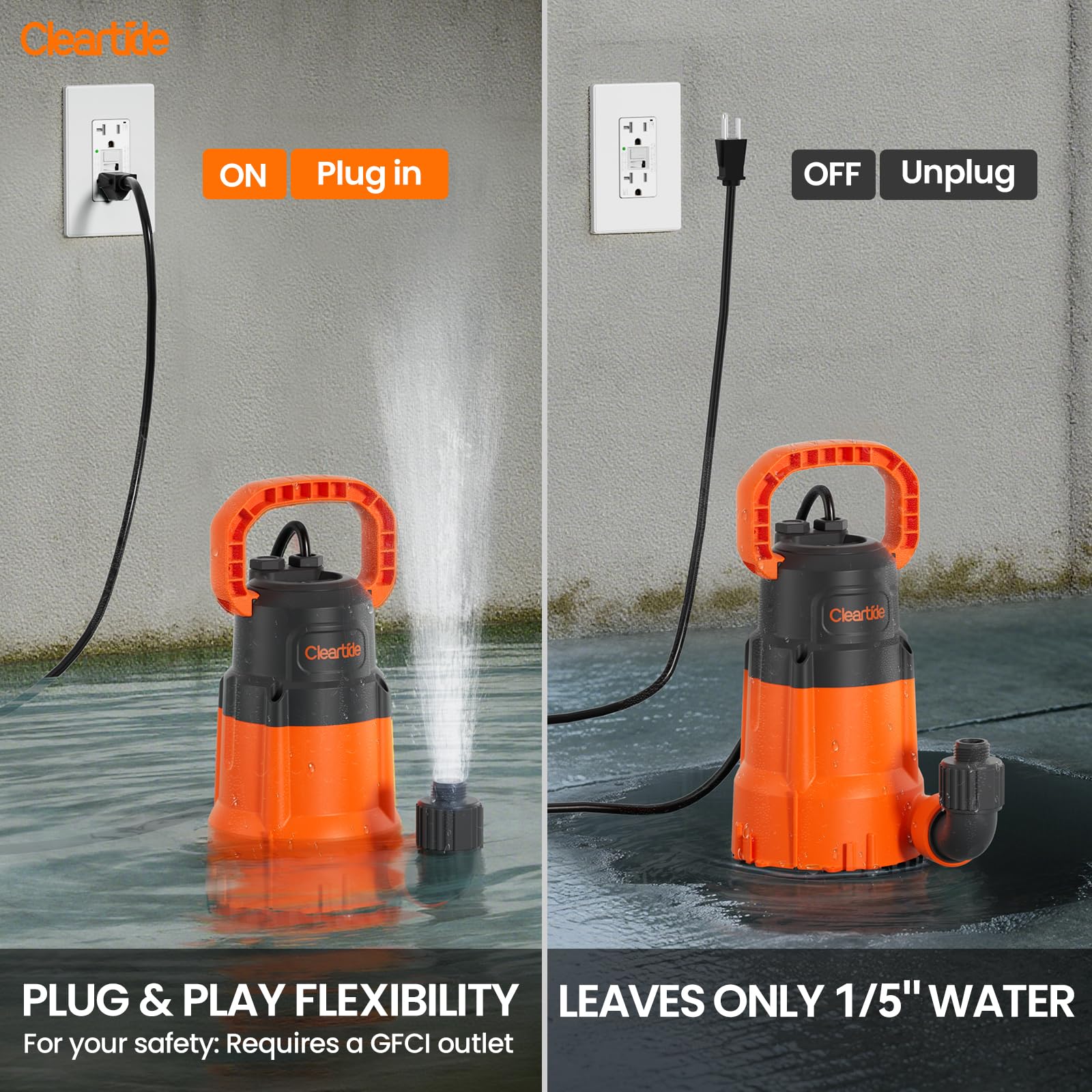 Cleartide sump pump carry handle enables portable, on-site use.