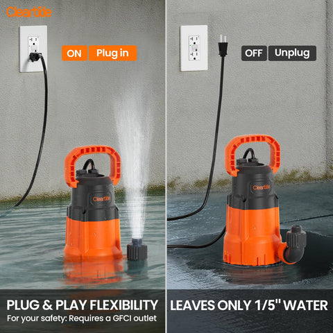 Cleartide sump pump carry handle enables portable, on-site use.