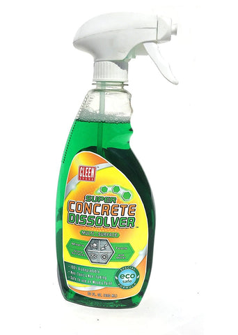 Cleen Products Super Concrete Dissolver foam spray bottle shows fast concrete dissolution for quick cleanup.