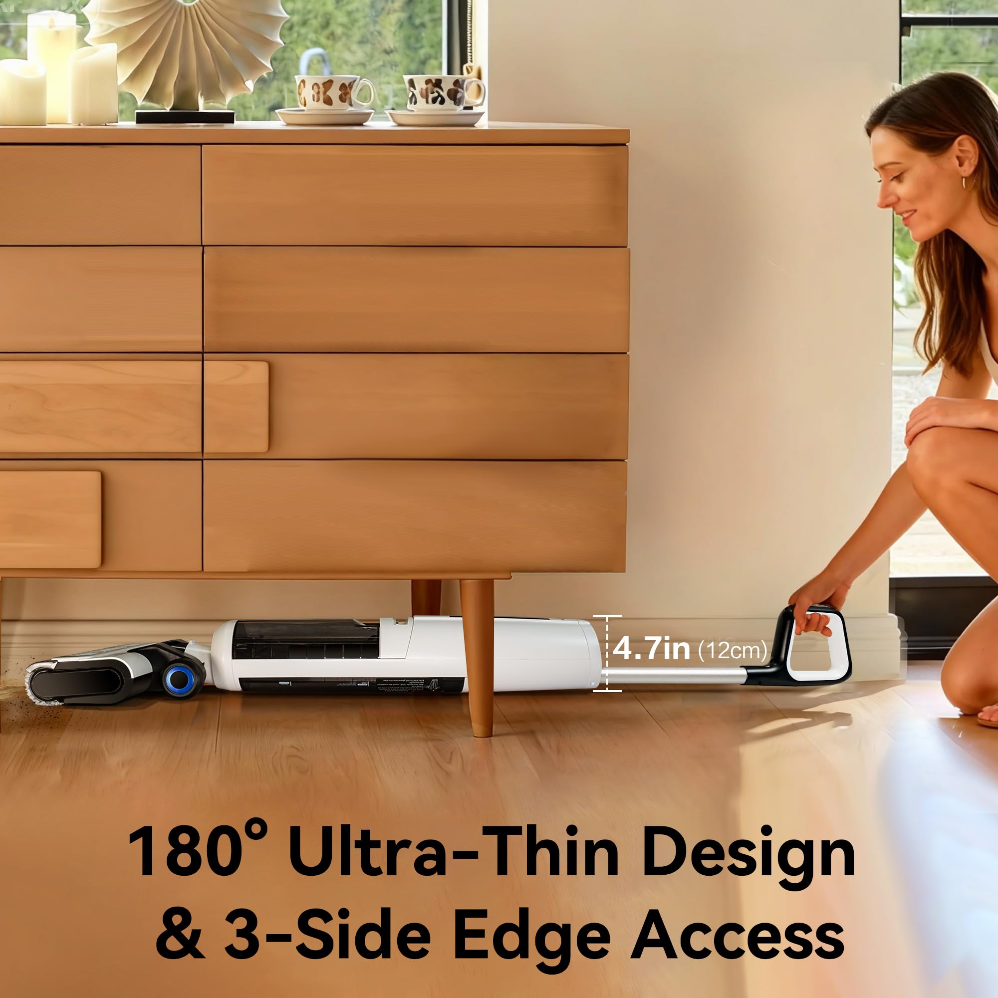 Cleera 180° edge access reaches under furniture and along baseboards.